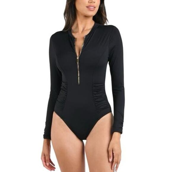 La Blanca Women's Shirred Paddlesuit Zip Front One Piece Swimsuit Black Size S - Picture 1 of 13